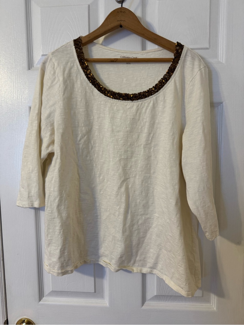 Coldwater Creek Cream Tunic with Brown Sequin Scoop Neck